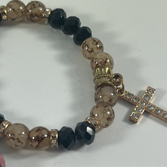 Lot 3 Stretch Bracelets Brown Stone Apple Cross Charm Rhinestones Beaded - Picture 6 of 9